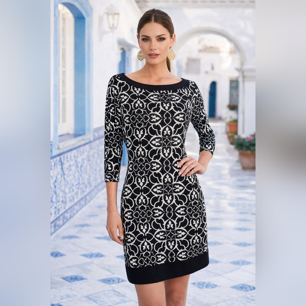 White Horse Black Market Elegant Black and Cream Patterned Dress